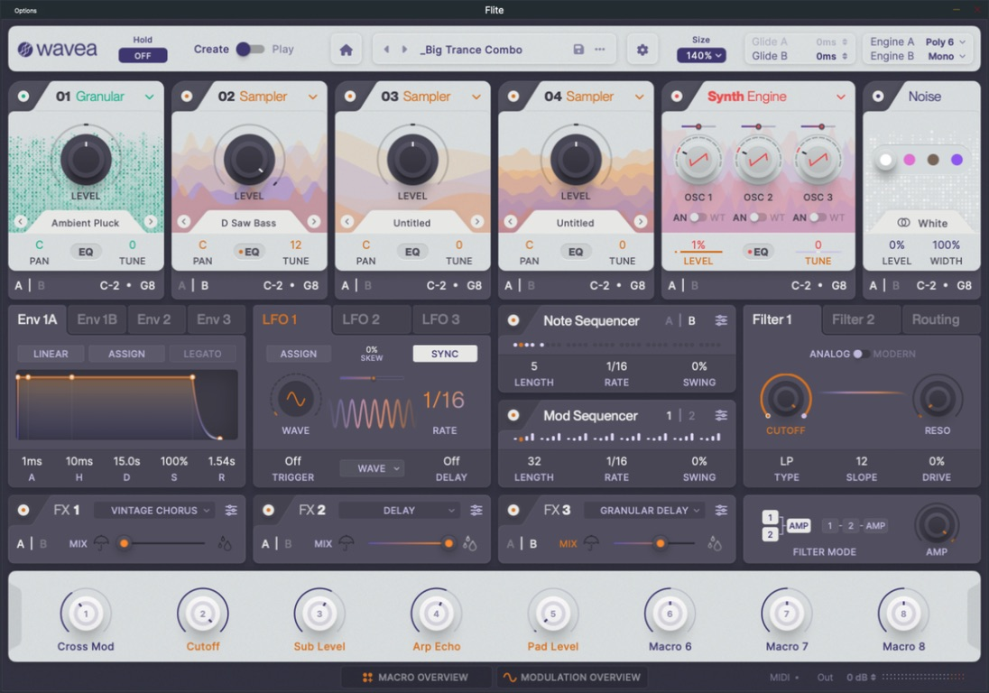 Flite Create interface: header, four sample slots, synth and noise sources, envelopes, LFOs, sequencers, filters, effects and eight macros.